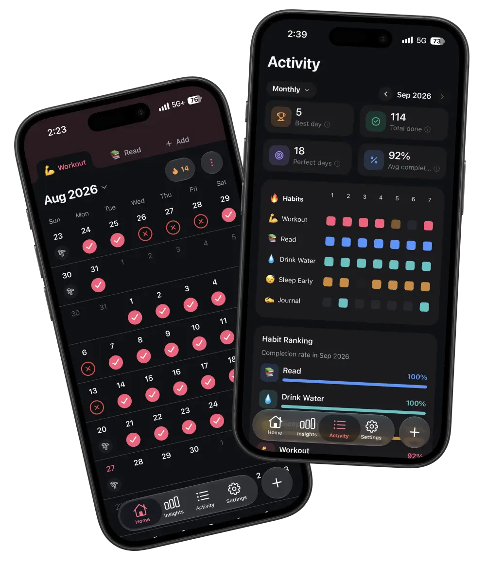 HabitCal - Home calendar and Activity tabs